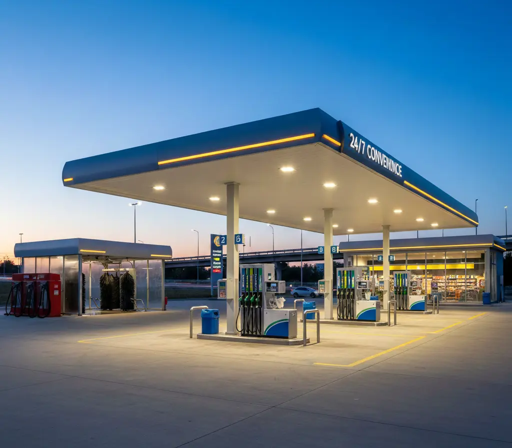 Modern gas station with illuminated canopy, fuel pumps, and 24/7 convenience store at dusk.