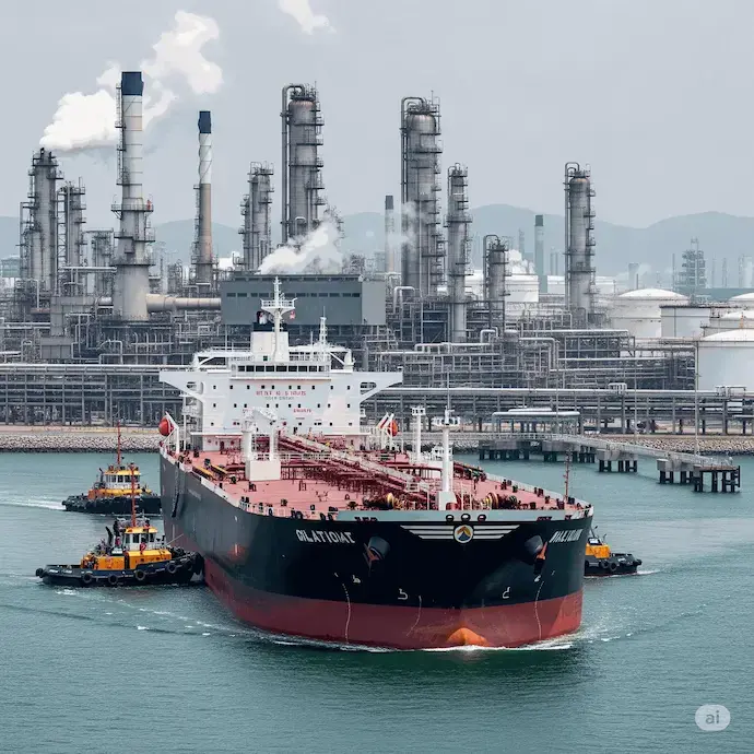 Large oil tanker being guided by tugboats near an industrial refinery complex.